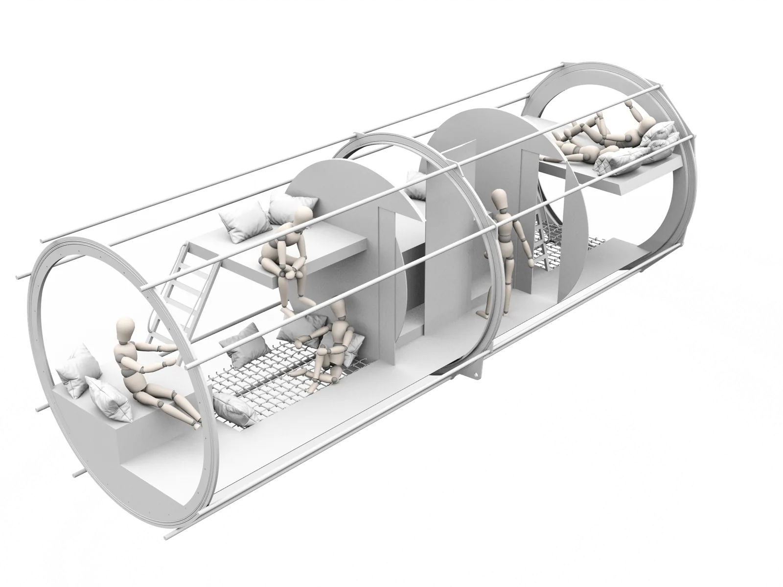 Cutaway of the open-space module: dining table, seating and nets at several levels inside the acrylic cylinder