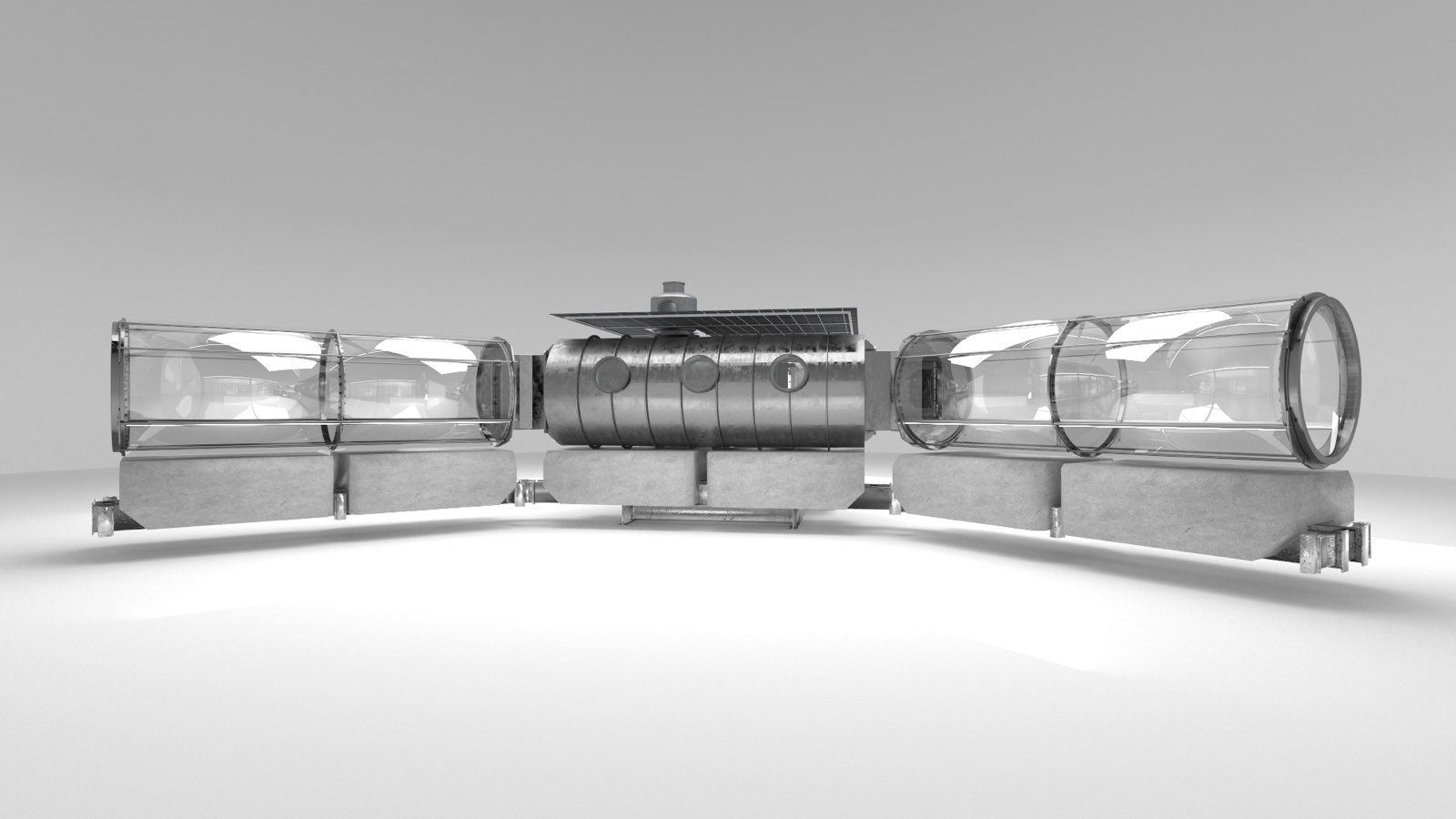 Engineering render, front elevation: two acrylic wing modules on concrete ballast blocks flanking the coral-clad steel core
