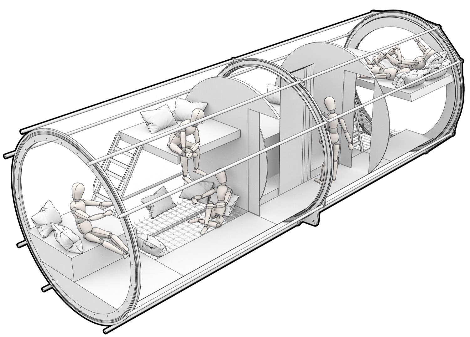 Cutaway of the sleeping module: three private cabins at multiple levels with suspended nets and platforms inside the acrylic cylinder