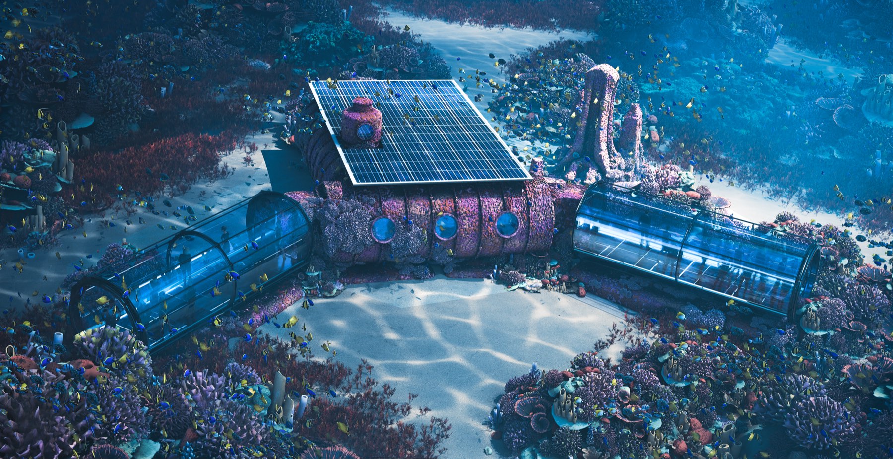PRISM habitat set into a coral reef: coral-encrusted steel core, two transparent acrylic wings, rooftop solar array