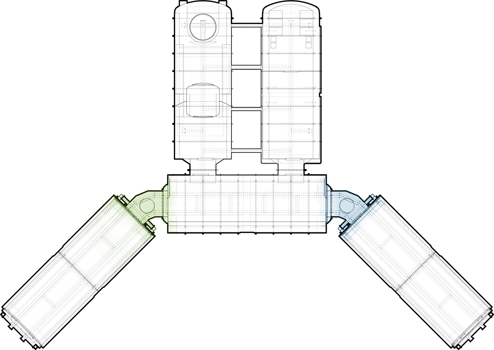 Plan of the habitat: two acrylic wing modules angled off a steel centre module, with the machinery and dive-centre modules behind