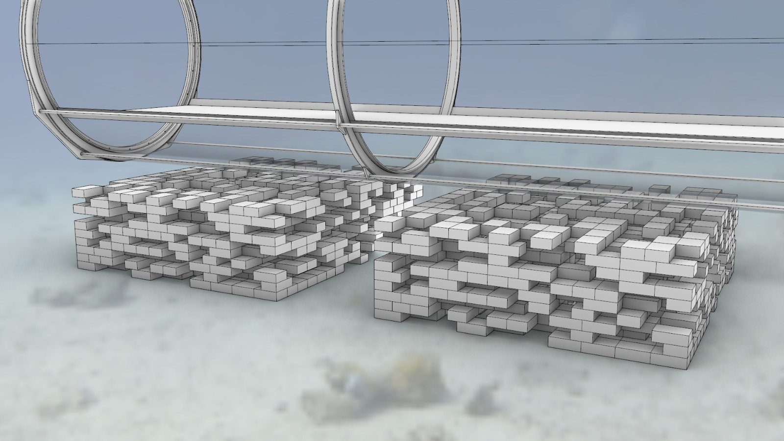 Design render of the artificial reef: modular concrete reef blocks on the sand beneath the acrylic modules